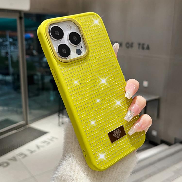 For iPhone 14 Pro Resin Rhinestones Metal Emblem TPU + PC Shockproof Phone Case