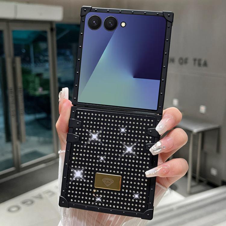 For Samsung Galaxy Z Flip7 5G Resin Rhinestones Metal Emblem TPU + PC Shockproof Phone Case