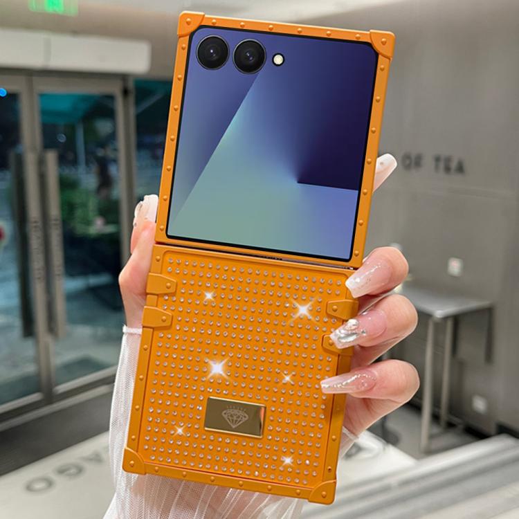 For Samsung Galaxy Z Flip7 5G Resin Rhinestones Metal Emblem TPU + PC Shockproof Phone Case