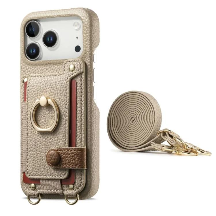 For iPhone 17 Pro Max Litchi Texture Card Bag Ring Holder Vegan Leather + PC Phone Case with Shoulder Strap