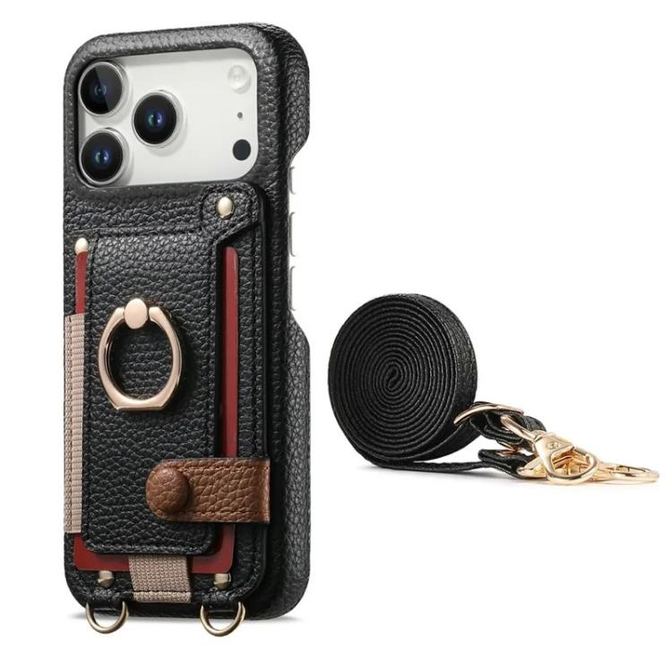 For iPhone 17 Pro Litchi Texture Card Bag Ring Holder Vegan Leather + PC Phone Case with Shoulder Strap