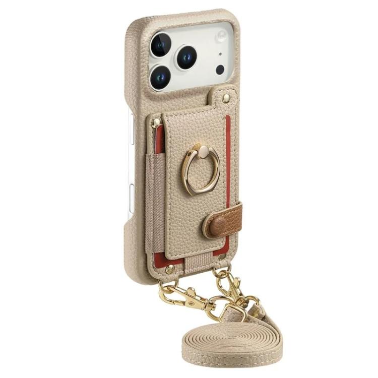 For iPhone 17 Pro Litchi Texture Card Bag Ring Holder Vegan Leather + PC Phone Case with Shoulder Strap