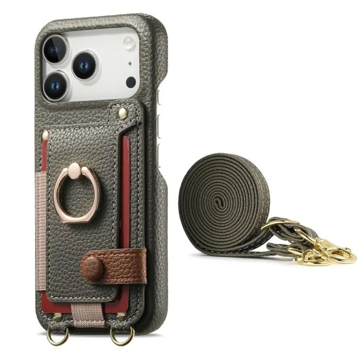 For iPhone 17 Pro Litchi Texture Card Bag Ring Holder Vegan Leather + PC Phone Case with Shoulder Strap