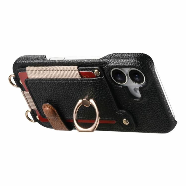 For iPhone 17 Litchi Texture Card Bag Ring Holder Vegan Leather + PC Phone Case with Shoulder Strap