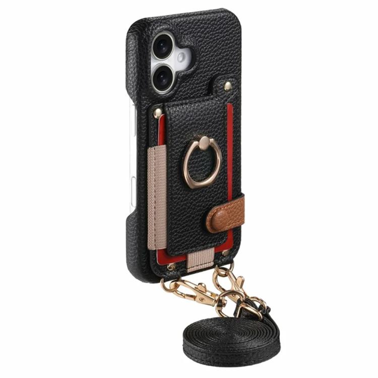For iPhone 17 Litchi Texture Card Bag Ring Holder Vegan Leather + PC Phone Case with Shoulder Strap