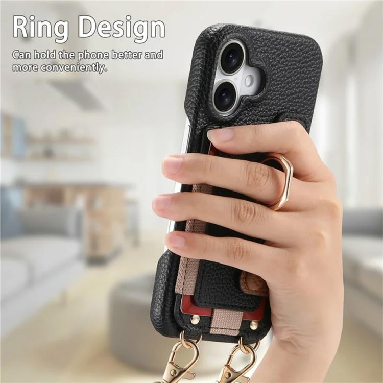 For iPhone 17 Litchi Texture Card Bag Ring Holder Vegan Leather + PC Phone Case with Shoulder Strap