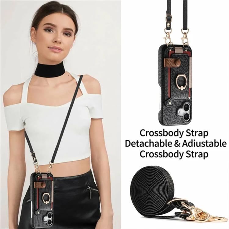 For iPhone 17 Litchi Texture Card Bag Ring Holder Vegan Leather + PC Phone Case with Shoulder Strap