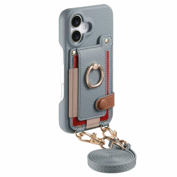 For iPhone 17 Litchi Texture Card Bag Ring Holder Vegan Leather + PC Phone Case with Shoulder Strap