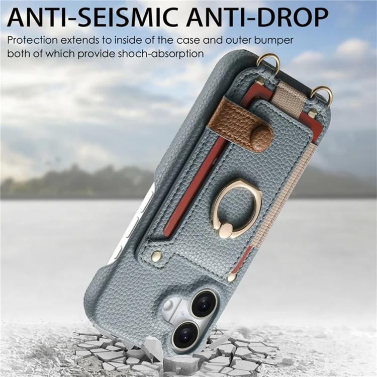 For iPhone 17 Litchi Texture Card Bag Ring Holder Vegan Leather + PC Phone Case with Shoulder Strap