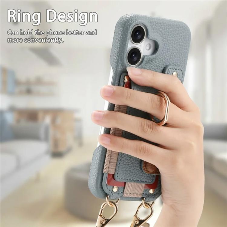 For iPhone 17 Litchi Texture Card Bag Ring Holder Vegan Leather + PC Phone Case with Shoulder Strap