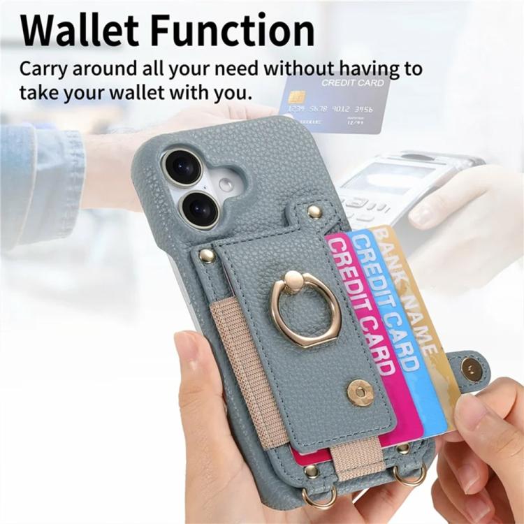 For iPhone 17 Litchi Texture Card Bag Ring Holder Vegan Leather + PC Phone Case with Shoulder Strap