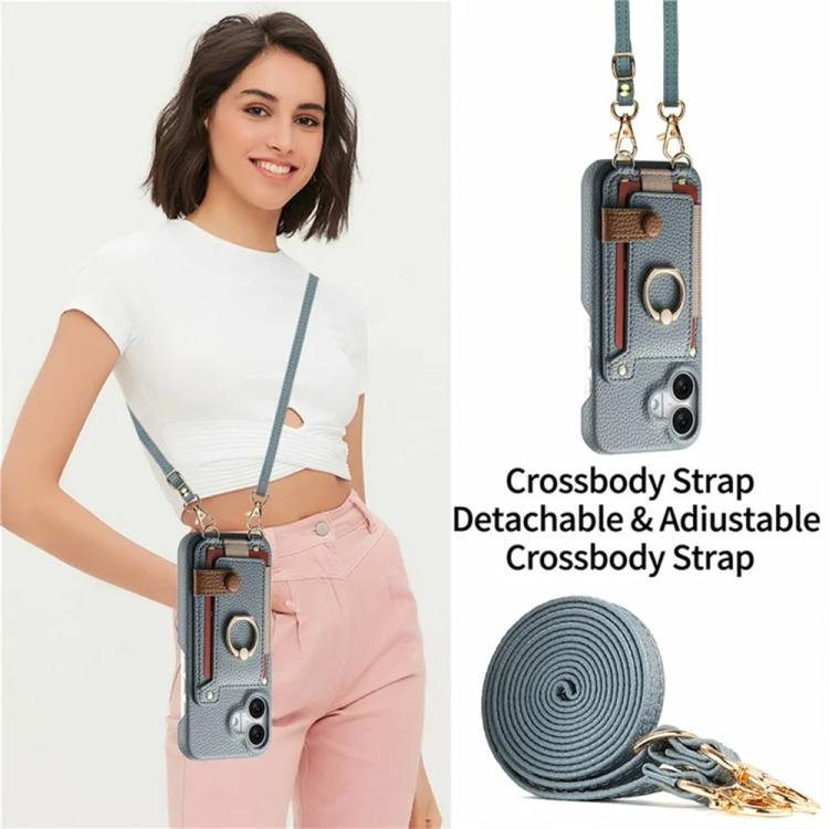 For iPhone 17 Litchi Texture Card Bag Ring Holder Vegan Leather + PC Phone Case with Shoulder Strap
