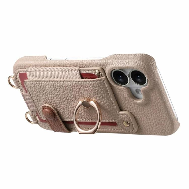 For iPhone 17 Litchi Texture Card Bag Ring Holder Vegan Leather + PC Phone Case with Shoulder Strap