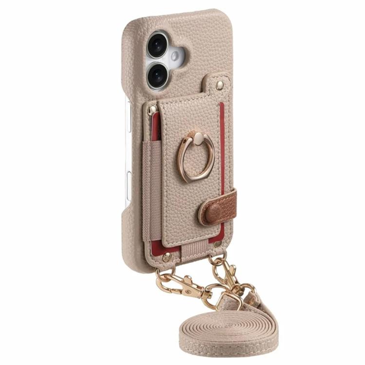 For iPhone 17 Litchi Texture Card Bag Ring Holder Vegan Leather + PC Phone Case with Shoulder Strap