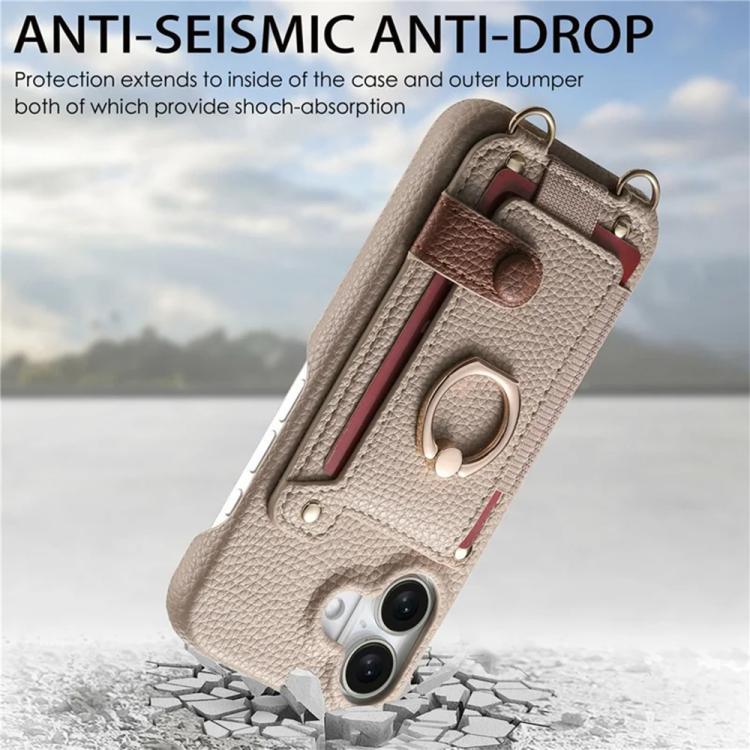 For iPhone 17 Litchi Texture Card Bag Ring Holder Vegan Leather + PC Phone Case with Shoulder Strap