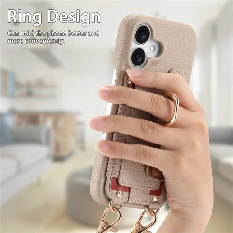 For iPhone 17 Litchi Texture Card Bag Ring Holder Vegan Leather + PC Phone Case with Shoulder Strap