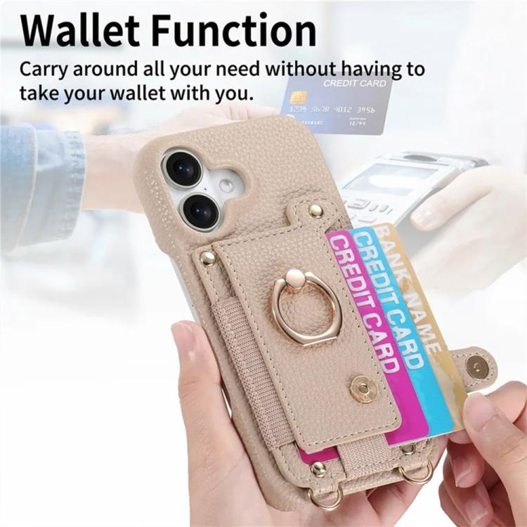 For iPhone 17 Litchi Texture Card Bag Ring Holder Vegan Leather + PC Phone Case with Shoulder Strap