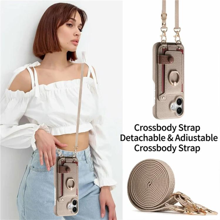 For iPhone 17 Litchi Texture Card Bag Ring Holder Vegan Leather + PC Phone Case with Shoulder Strap
