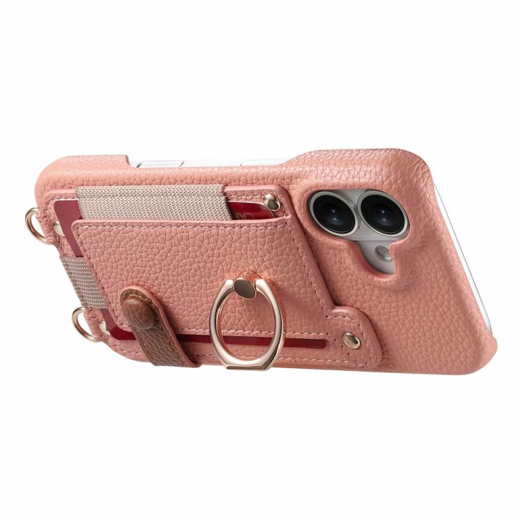For iPhone 17 Litchi Texture Card Bag Ring Holder Vegan Leather + PC Phone Case with Shoulder Strap