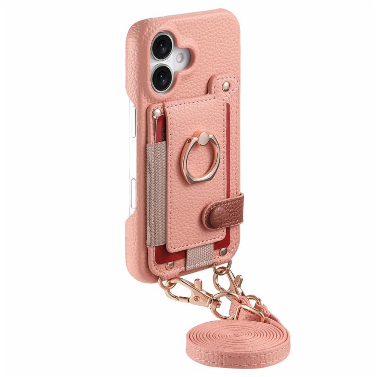 For iPhone 17 Litchi Texture Card Bag Ring Holder Vegan Leather + PC Phone Case with Shoulder Strap