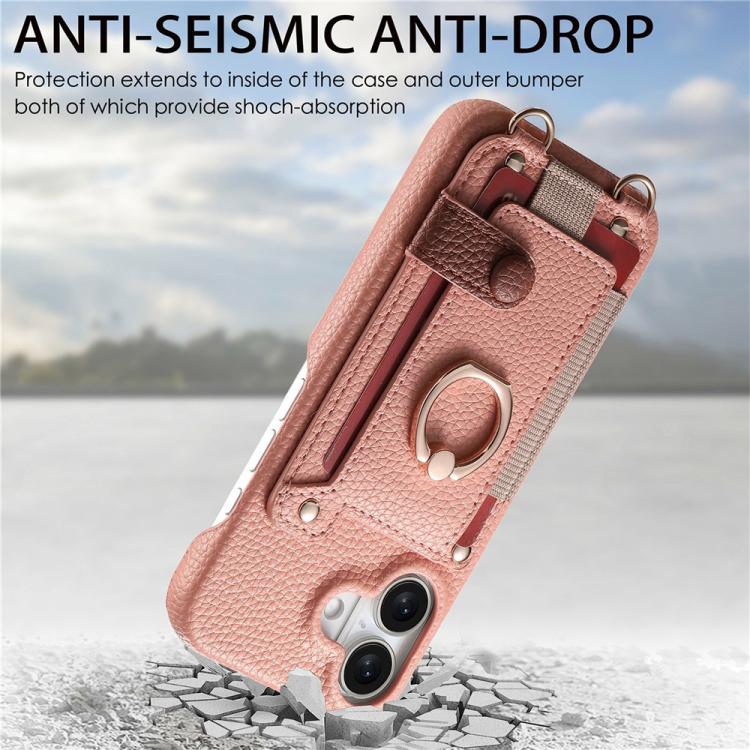 For iPhone 17 Litchi Texture Card Bag Ring Holder Vegan Leather + PC Phone Case with Shoulder Strap
