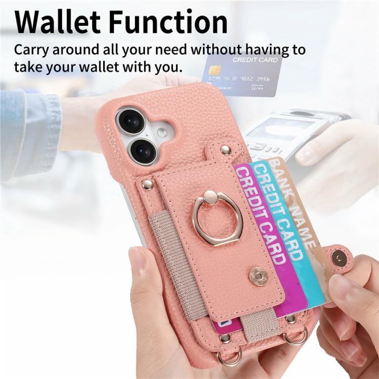 For iPhone 17 Litchi Texture Card Bag Ring Holder Vegan Leather + PC Phone Case with Shoulder Strap