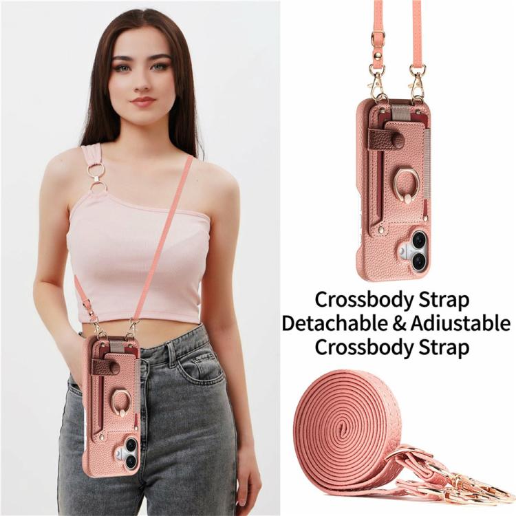 For iPhone 17 Litchi Texture Card Bag Ring Holder Vegan Leather + PC Phone Case with Shoulder Strap