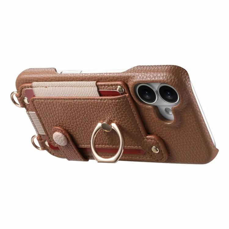 For iPhone 17 Litchi Texture Card Bag Ring Holder Vegan Leather + PC Phone Case with Shoulder Strap