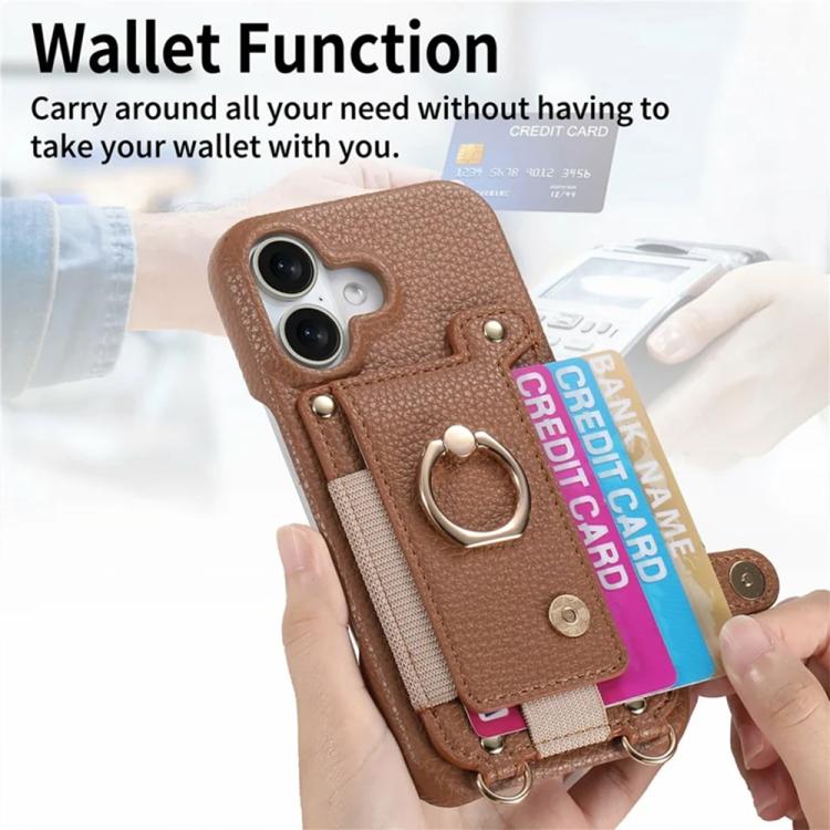 For iPhone 17 Litchi Texture Card Bag Ring Holder Vegan Leather + PC Phone Case with Shoulder Strap