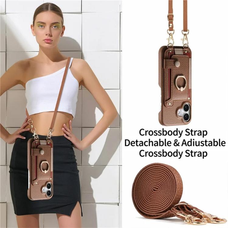 For iPhone 17 Litchi Texture Card Bag Ring Holder Vegan Leather + PC Phone Case with Shoulder Strap
