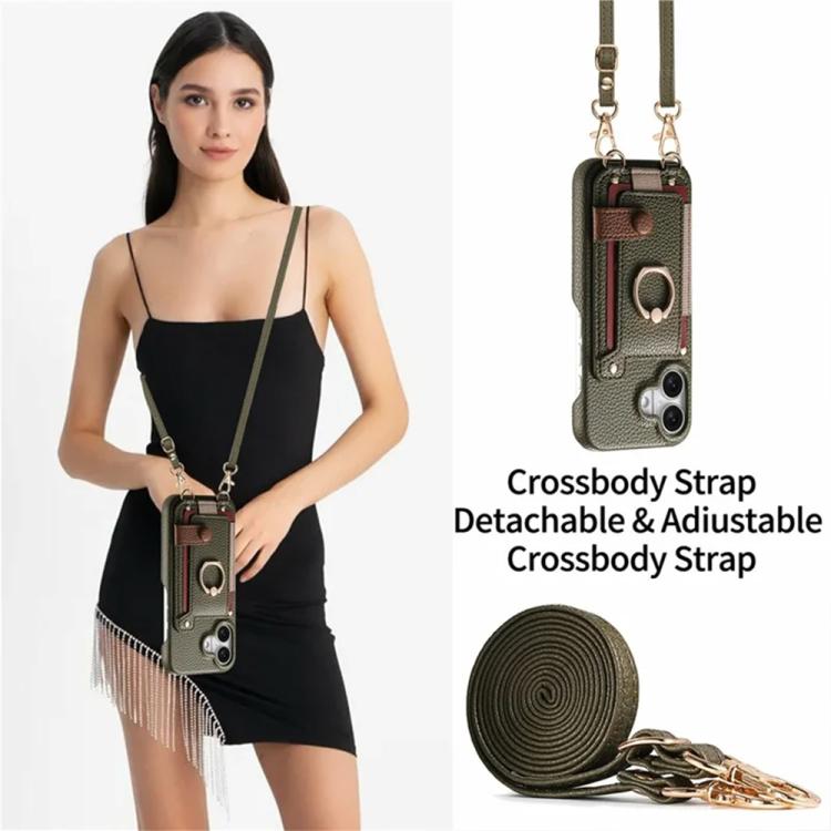 For iPhone 17 Litchi Texture Card Bag Ring Holder Vegan Leather + PC Phone Case with Shoulder Strap