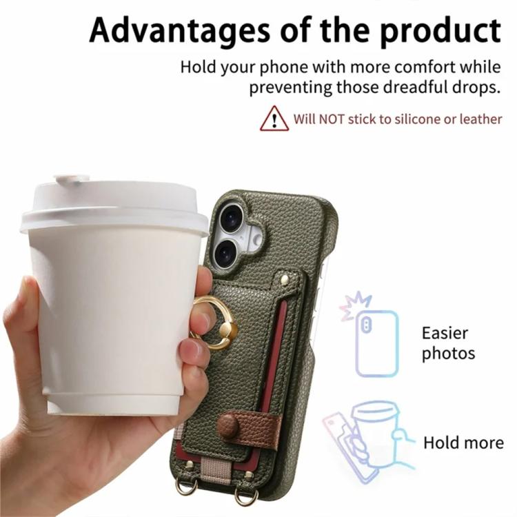 For iPhone 17 Litchi Texture Card Bag Ring Holder Vegan Leather + PC Phone Case with Shoulder Strap