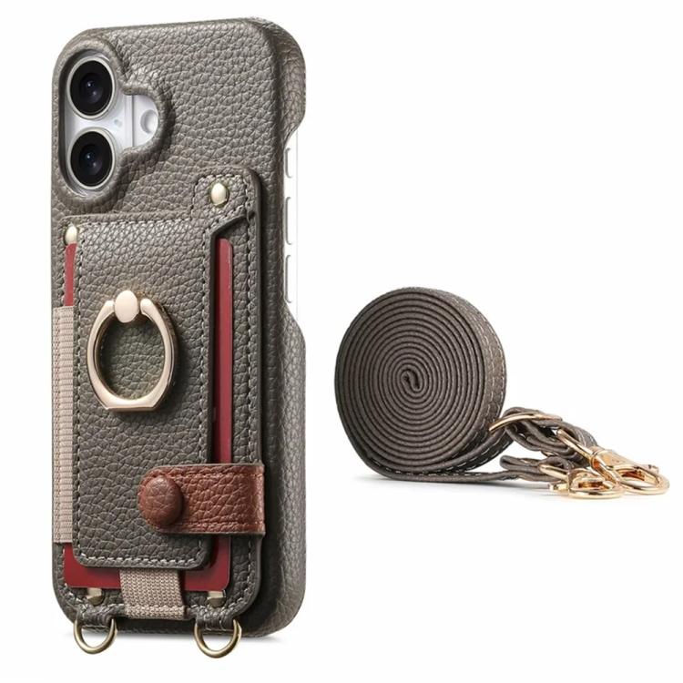For iPhone 17 Litchi Texture Card Bag Ring Holder Vegan Leather + PC Phone Case with Shoulder Strap