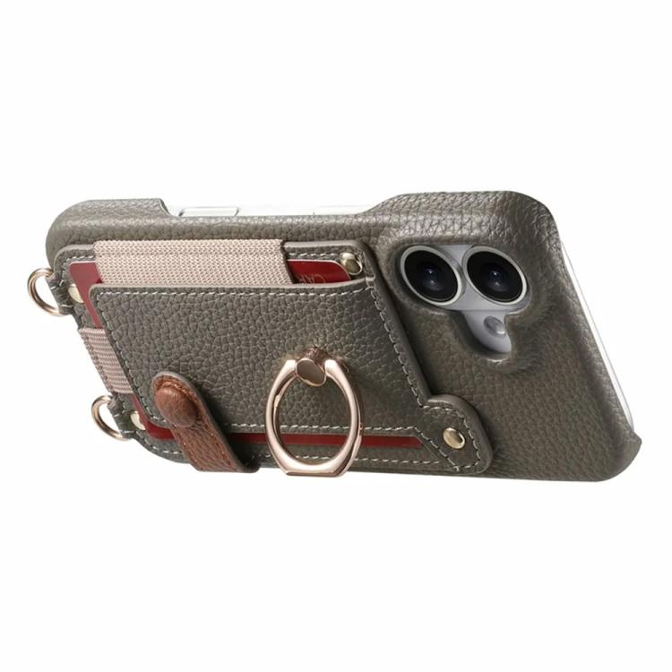 For iPhone 17 Litchi Texture Card Bag Ring Holder Vegan Leather + PC Phone Case with Shoulder Strap