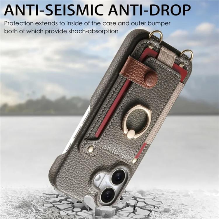 For iPhone 17 Litchi Texture Card Bag Ring Holder Vegan Leather + PC Phone Case with Shoulder Strap