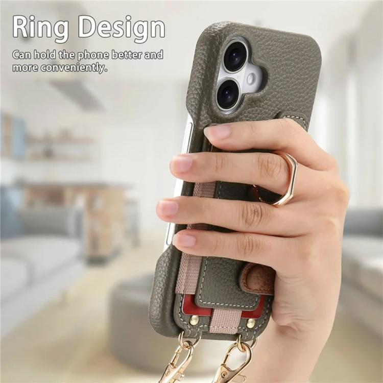 For iPhone 17 Litchi Texture Card Bag Ring Holder Vegan Leather + PC Phone Case with Shoulder Strap
