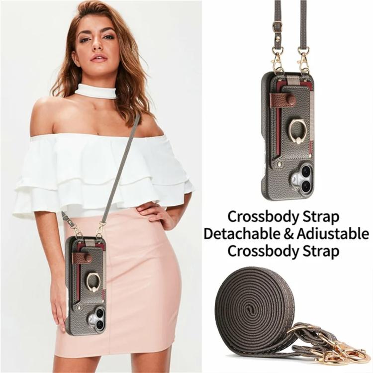For iPhone 17 Litchi Texture Card Bag Ring Holder Vegan Leather + PC Phone Case with Shoulder Strap
