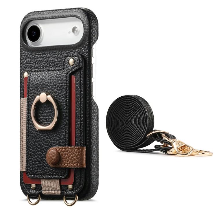 For iPhone Air Litchi Texture Card Bag Ring Holder Vegan Leather + PC Phone Case with Shoulder Strap