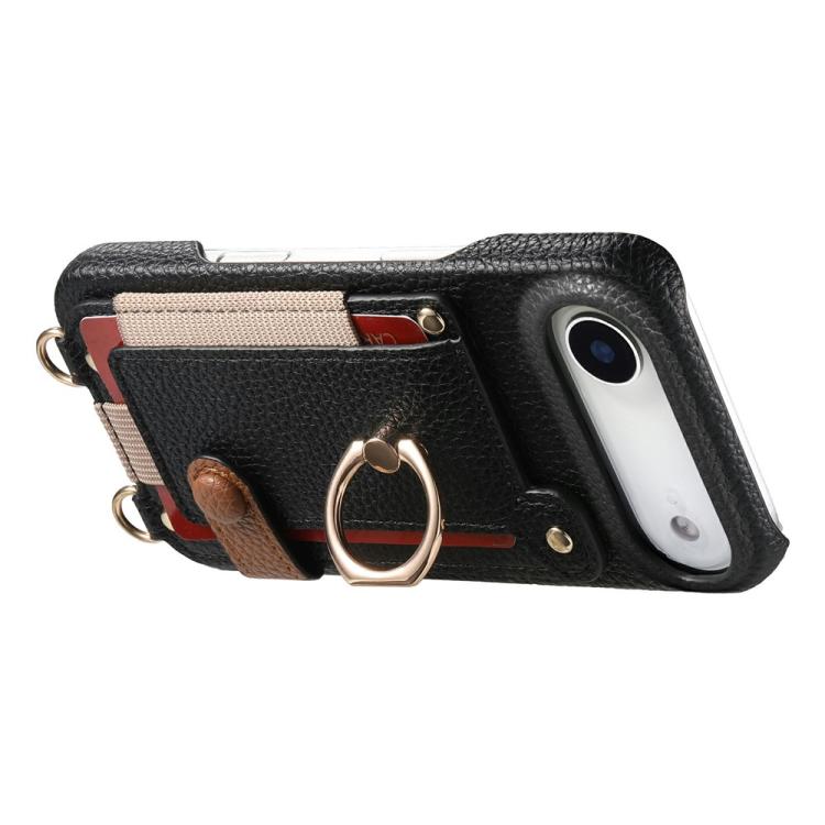 For iPhone Air Litchi Texture Card Bag Ring Holder Vegan Leather + PC Phone Case with Shoulder Strap