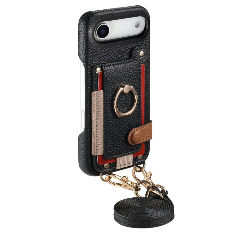 For iPhone Air Litchi Texture Card Bag Ring Holder Vegan Leather + PC Phone Case with Shoulder Strap