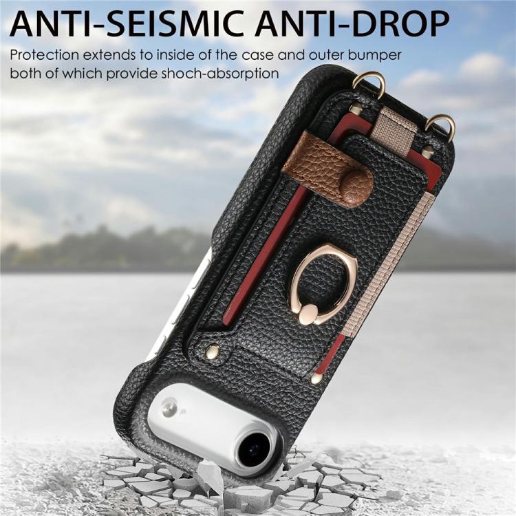 For iPhone Air Litchi Texture Card Bag Ring Holder Vegan Leather + PC Phone Case with Shoulder Strap
