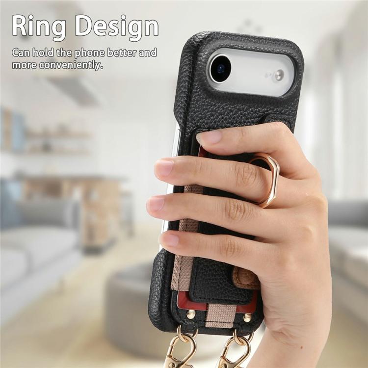 For iPhone Air Litchi Texture Card Bag Ring Holder Vegan Leather + PC Phone Case with Shoulder Strap