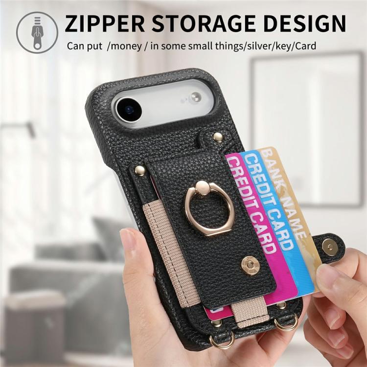 For iPhone Air Litchi Texture Card Bag Ring Holder Vegan Leather + PC Phone Case with Shoulder Strap