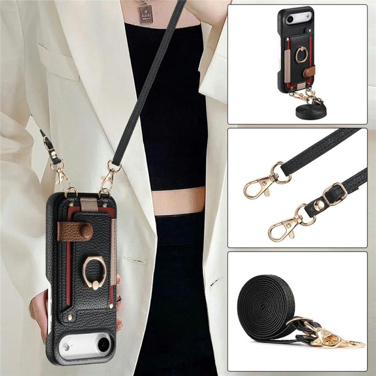 For iPhone Air Litchi Texture Card Bag Ring Holder Vegan Leather + PC Phone Case with Shoulder Strap