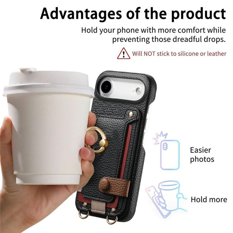 For iPhone Air Litchi Texture Card Bag Ring Holder Vegan Leather + PC Phone Case with Shoulder Strap