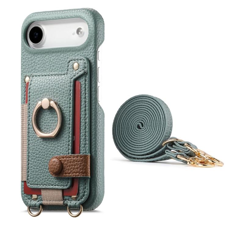 For iPhone Air Litchi Texture Card Bag Ring Holder Vegan Leather + PC Phone Case with Shoulder Strap
