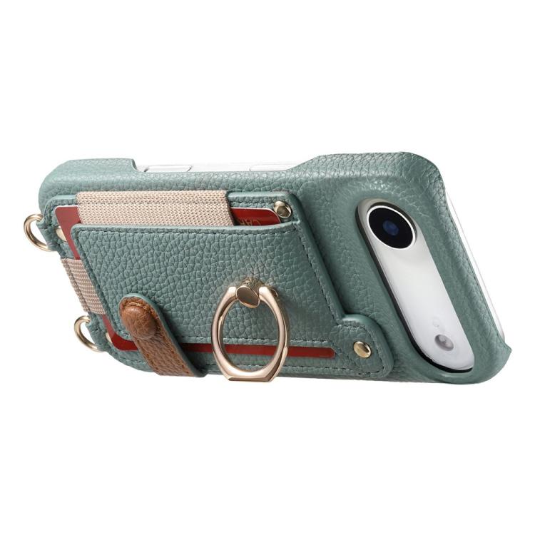 For iPhone Air Litchi Texture Card Bag Ring Holder Vegan Leather + PC Phone Case with Shoulder Strap