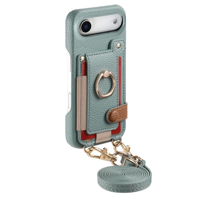 For iPhone Air Litchi Texture Card Bag Ring Holder Vegan Leather + PC Phone Case with Shoulder Strap
