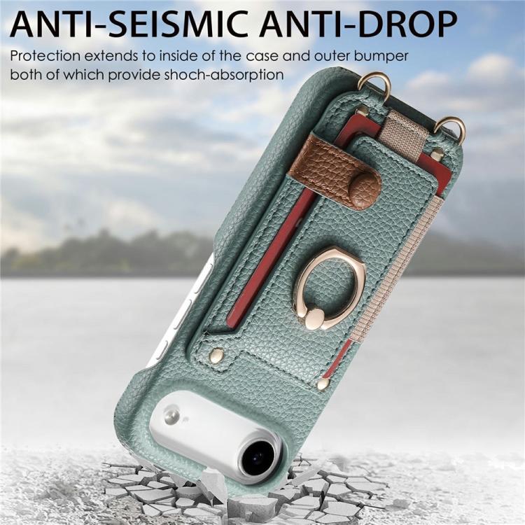 For iPhone Air Litchi Texture Card Bag Ring Holder Vegan Leather + PC Phone Case with Shoulder Strap