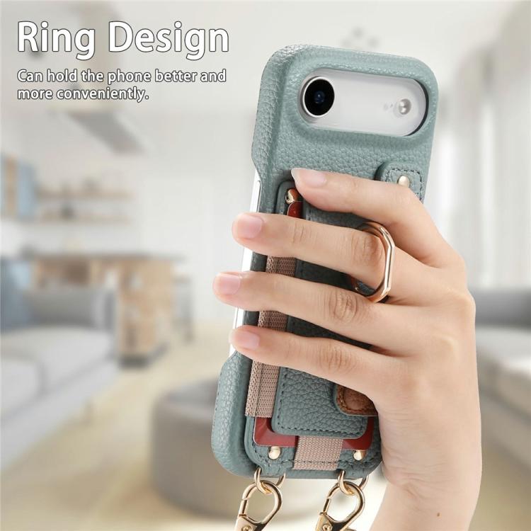 For iPhone Air Litchi Texture Card Bag Ring Holder Vegan Leather + PC Phone Case with Shoulder Strap